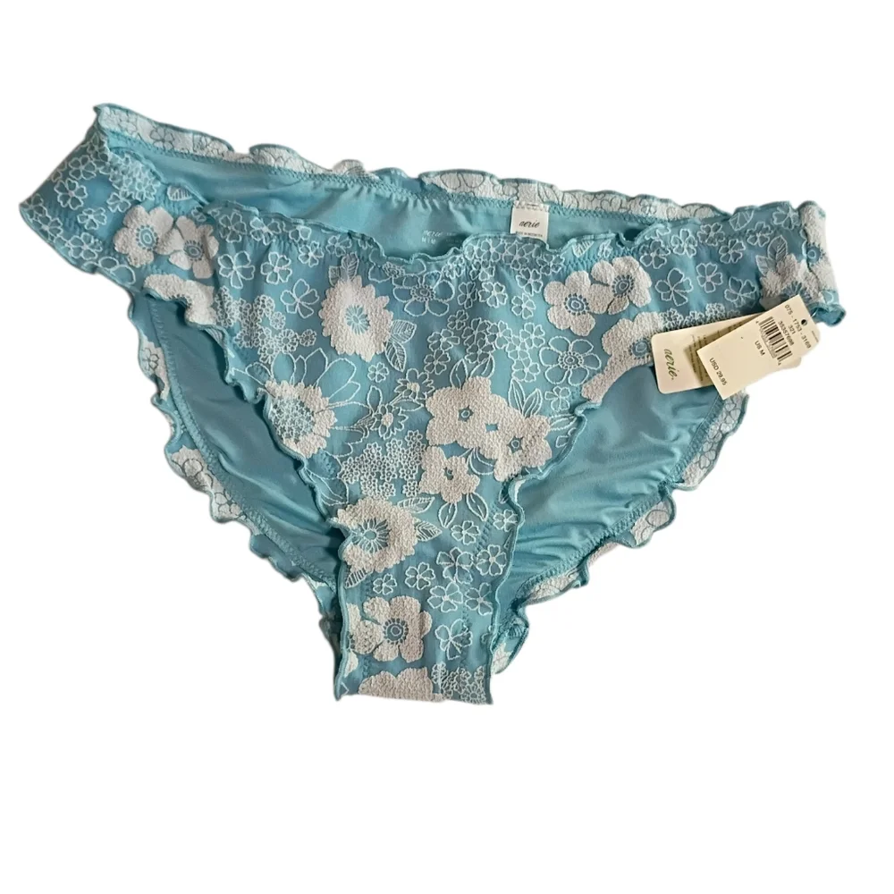 aerie Blue Bikini Bottoms with White Floral Lace sz M NEW